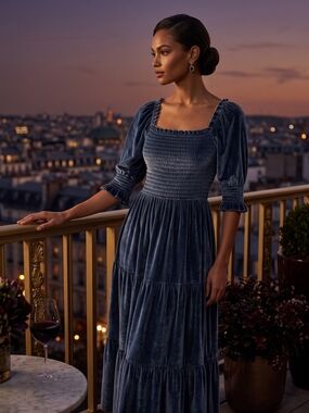 Baltic Born Blue Velvet Tiered Midi Dress Wedding Guest Holiday Medium